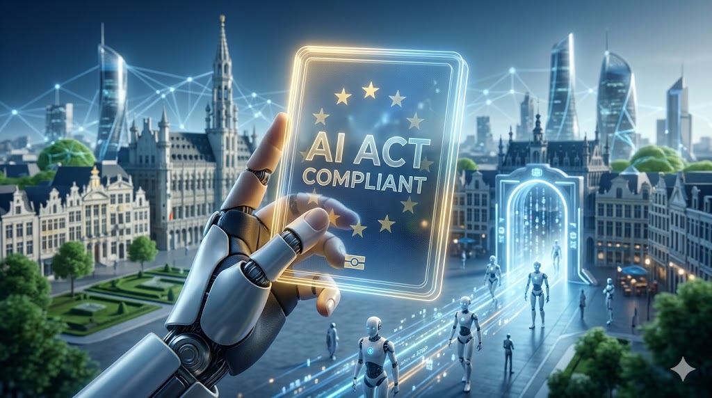 Роботска рака држи дигитален пасош со натпис AI Act Compliant пред европска порта – визуелизација за усогласеност со ЕУ регулативата за вештачка интелигенција