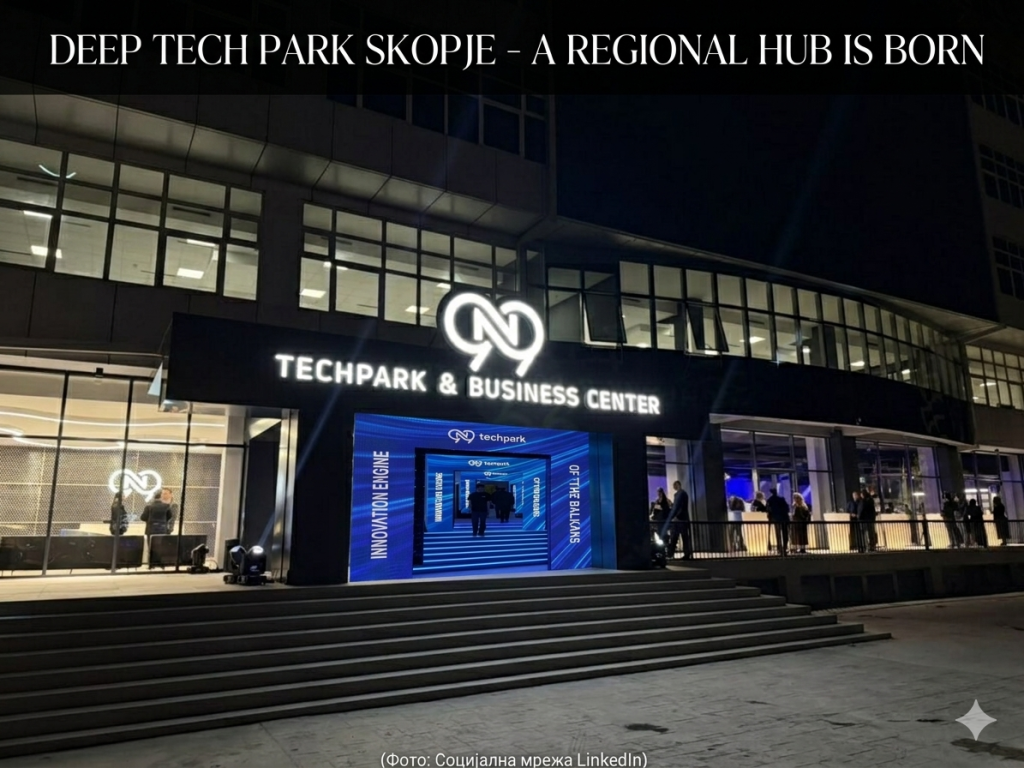Колаж од Deep Tech Park & Business Center Скопје ноќе со дигитална сина порта на која пишува Innovation Engine of the Balkans.