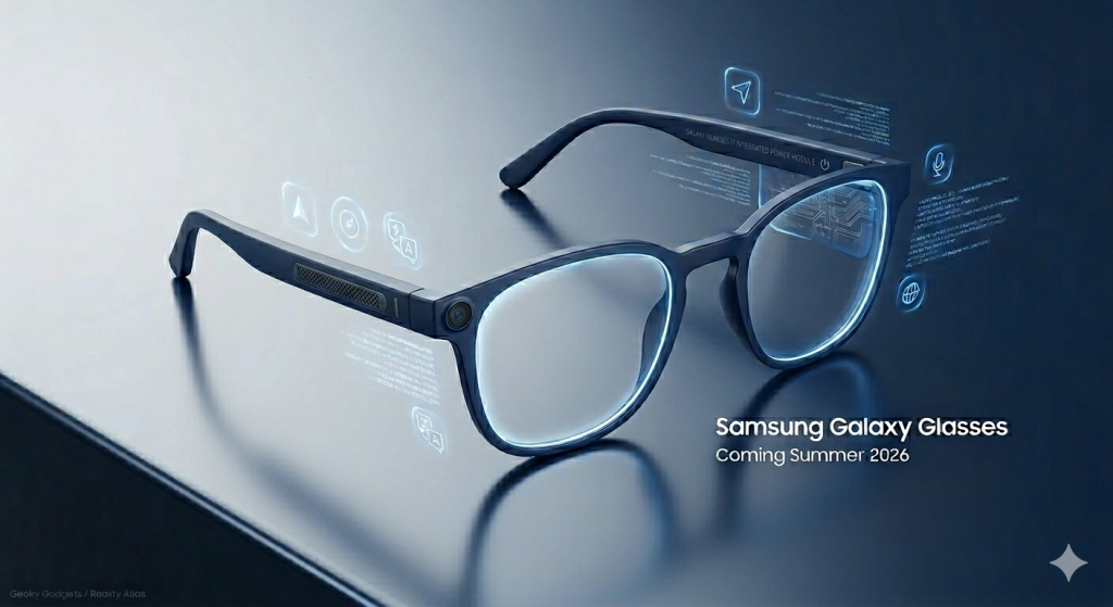 Паметни очила Samsung Galaxy Glasses 2026 со интегриран технички модул и холографски приказ на апликации, минималистички дизајн на темно сина позадина.